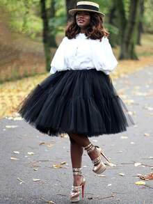 Plus Size Women Solid Color Tulle Puffy Skirt - Layered Fluffy Party Dress, Elegant And Voluminous - Black - View 5