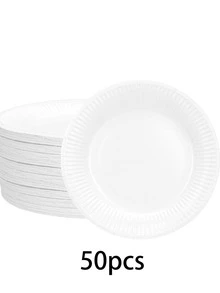 10个/20个/50个白色一次性纸盘，6英寸蛋糕盘，7英寸甜点盘，9英寸餐盘，适用于小吃、沙拉、家庭晚餐和DIY手工艺品，也适用于办公室、露营、室内使用、圣诞节和其他场合。 - 白色 - 查看 10