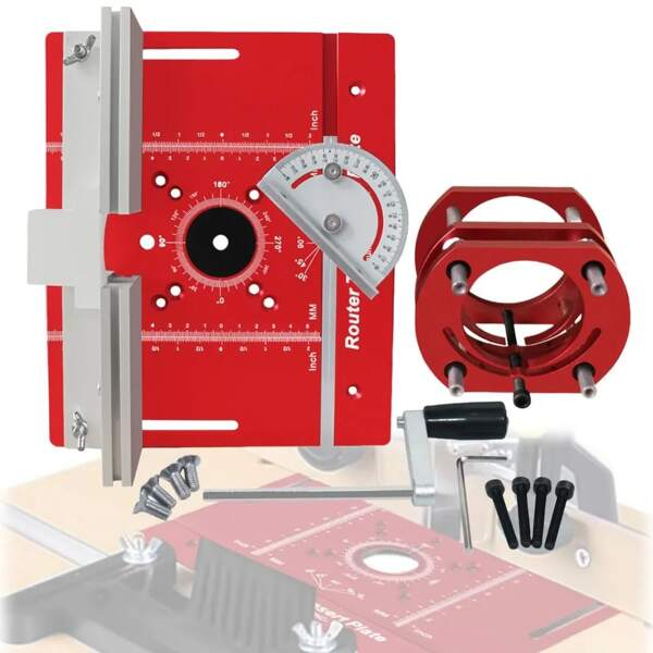 Kit de placa basculante y elevador de router con escala de carrera métrica y en pulgadas para motores de 65 mm de diámetro - Placa de inserción de mesa de router de aleación de aluminio con calibre de inglete y cerca - Herramientas auxiliares de carpintería para banco de trabajo
