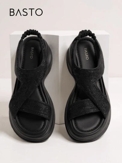 BASTO 女士休闲简约户外厚底坡跟凉鞋，时尚纯色水晶露趾防滑，日常工作/办公室