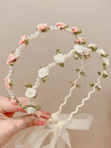 Princess Headband Hair Accessories, Faux Pearl Flower Crown, Floral Headpiece, Sweet Girl Hair Hoop - A - View 2