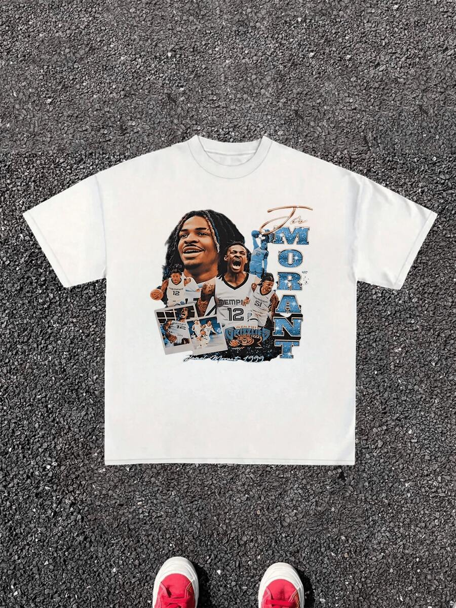 Ja Morant Graphic Print T Shirt 220g Basketball Player TShirt 1pcs Men's Vintage 100% Cotton Casual Tee - 白色 - 查看 1