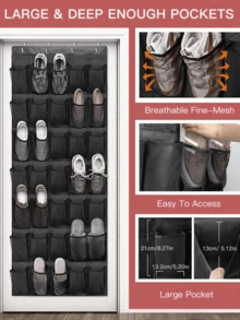 1个门后鞋架，带14/24/35个大网袋，适用于衣柜、玄关、卧室、浴室、储藏室，可收纳男士运动鞋、女士高跟鞋、人字拖，采用耐用牛津布制成，容量大，节省空间，网状背衬，是理想的礼物之选。 - 黑色 - 查看 7