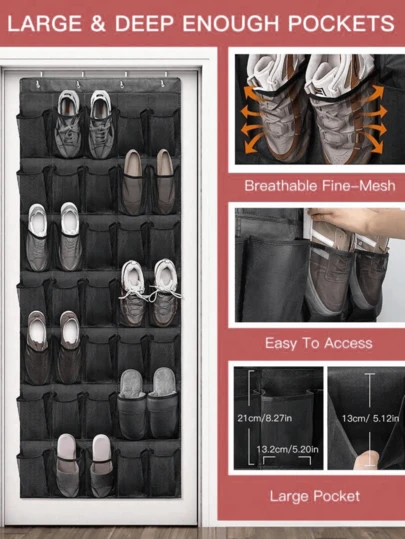 1pc Over-The-Door Shoe Rack With 14/24/35 Large Mesh Pockets, Suitable For Closet, Entryway, Bedroom, Bathroom, Storage Room, Can Hold Men's Sneakers, Women's High Heels, Flip Flops, Made Of Durable Oxford Cloth, High Capacity, Space-Saving, Mesh Backing, Ideal Gift
