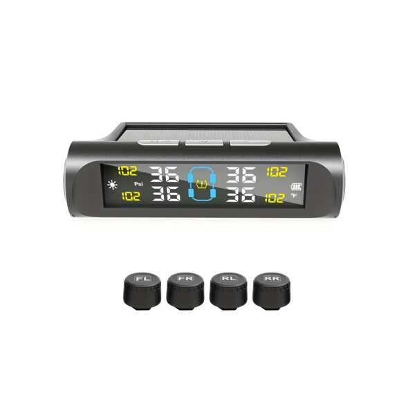 نظام مراقبة ضغط الإطارات اللاسلكي - نظام TPMS بطاقة شمسية وشحن USB مع 4 مستشعرات خارجية، تنبيهات ضغط وحرارة في الوقت الفعلي، للسيارات الرياضية متعددة الأغراض والبيك آب والمركبات الترفيهية الخارجية، تنبيه البطارية المنخفضة، سهل التركيب والاستقبال فقط من الجهاز الرئيسي