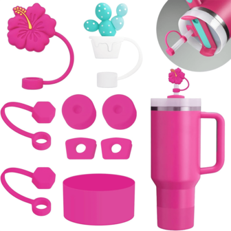 一套9件男女通用紫色/玫瑰色/粉色硅胶防漏防溢配件，适用于杯子，包括6个硅胶防溢塞、2个适用于9-10毫米吸管的吸管盖、1个适用于40盎司和30盎司杯子的硅胶套，适合家庭厨房和办公室使用。