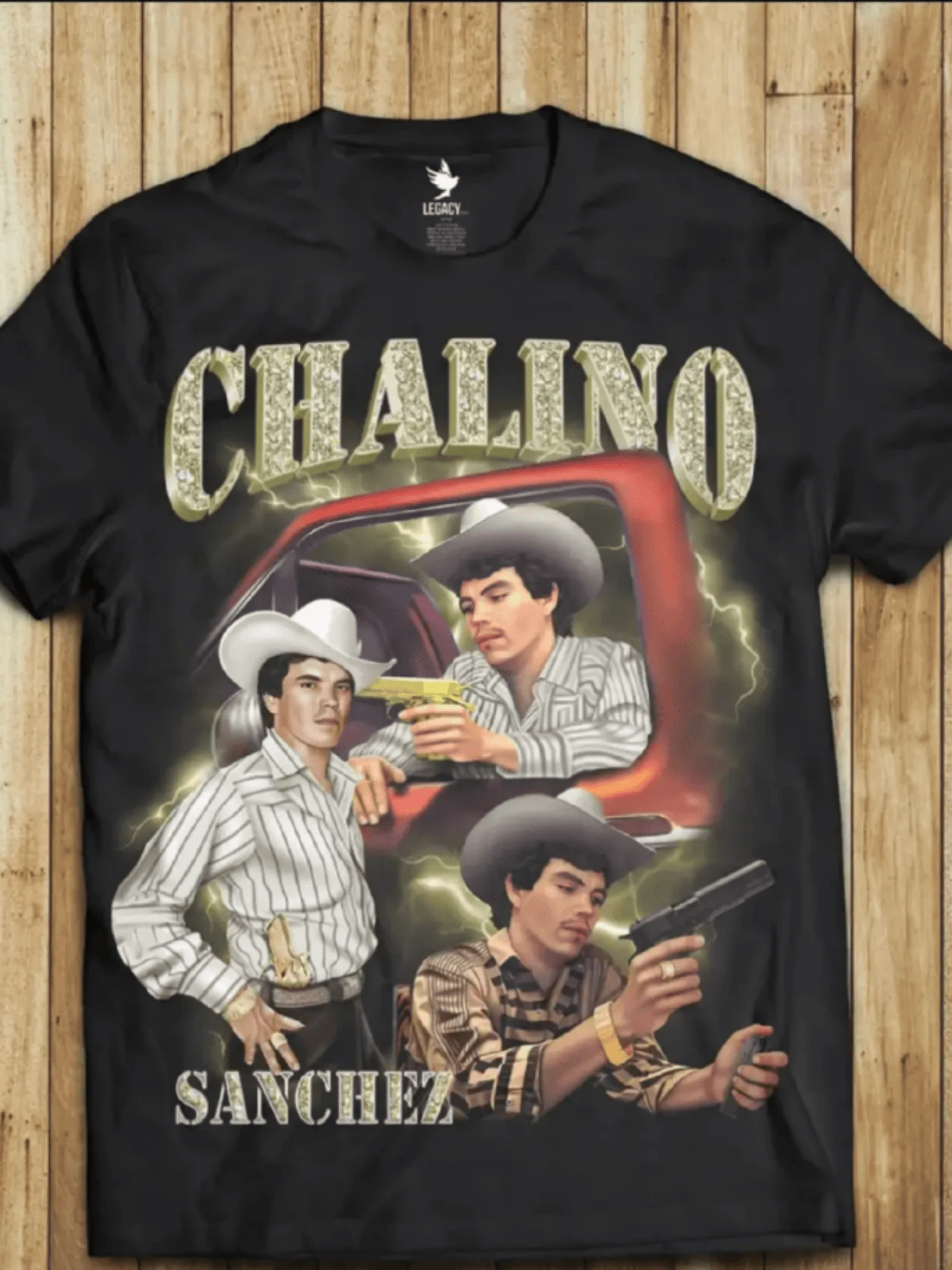 Camiseta Chalino Sanchez, 1 unidad de 100% algodón puro, de impresión digital de 220 Gramos, estilo vintage, Camisa de Hombre con Cuello Redondo y Mangas Cortas para Tiempo Libre - Negro - Ver 1