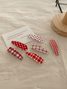6/12件红色波尔卡圆点发夹，圣诞格子发饰，适合女性日常、拍照、派对、礼物（红色款式随机混合），爪夹、发夹、发夹、发夹 - 紅色 - 查看 3
