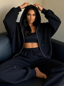 Sudadera De Moda Para Mujeres Con Capucha Y Mangas Largas Transpirable Ligera Para Verano Estilo Casual Deportivo Con Bolsillos Frontales Y Cómodo Para Gimnasio O Uso Diario - Negro - Ver 1