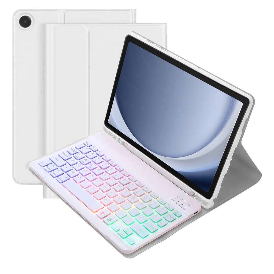 适用于三星 Galaxy Tab / Pad SE 的可拆卸彩色背光蓝牙键盘保护套，超薄轻巧支架式保护套，带笔槽（不含 Apple Pencil），平板电脑保护套 - 淺灰色 - 查看 1