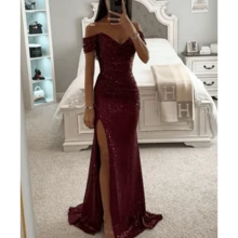 Women's Sexy Party Maxi Dress New Sequined One-Line Collar Slit Dress Casual Fashion Prom Eveging Dresses For Women Robe Femme - 勃根地紅 - 查看 3