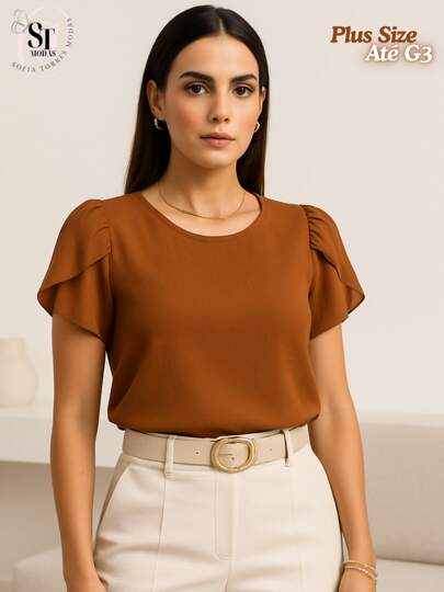 Blusa Feminina Plus Size Alfaiataria Social Manga Curta Princesa Elegante Sofisticada Tecido Duna G ao G3  Simples    Tecido