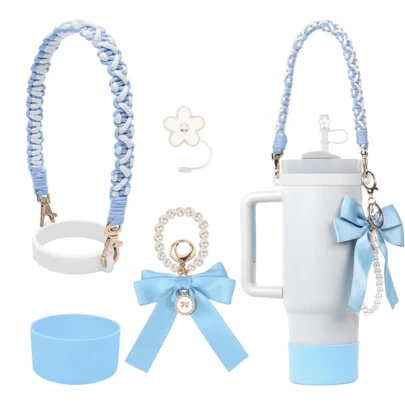 AiScrofa 4 件套杯子配件套装 - 仿珍珠链编织设计水瓶手柄带、硅胶杯套