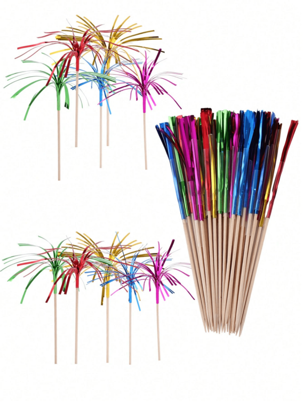 100pcs Colorful Sparklers, Tassel Sticks For Cocktails, Fruit Plates, Cakes, Birthdays, Weddings, Celebrations, Tabletop Decor, Home Gatherings, Theme Parties, Kitchen Supplies, Outdoor Garden Decorations