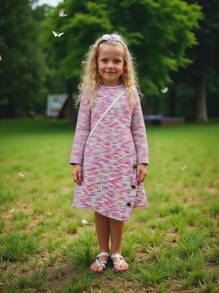 Young Girls Rainbow Color Knit Dress With Pouch Long Sleeve, Soft And Comfortable, Ages 4-7, Autumn Winter New Arrival