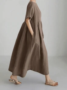 大码女士宽松亚麻连衣裙，无弹力面料，适合春、夏、秋、冬四季穿着，优雅简约，舒适百搭，短袖，带口袋，圆领，褶裥设计，纯色长裙 - 棕色 - 查看 5