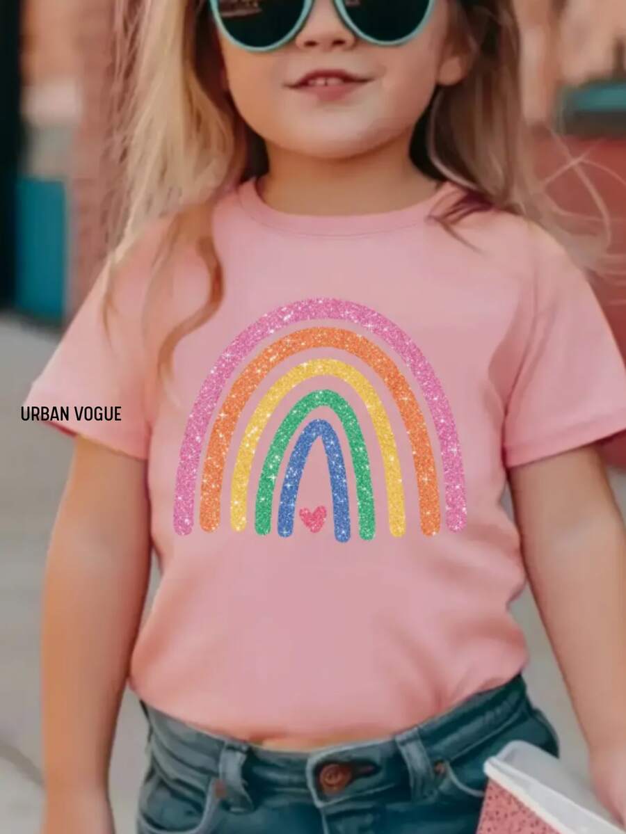 Rainbow Printed Children's T-Shirt With Glitter Effect, 100% Cotton Girl's Blouse - 淺粉色 - 查看 1
