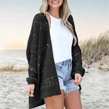 Womens Oversized Crochet Cardigan Boho Kimono Open Front Solid Color Sweater