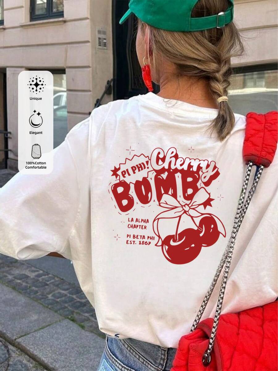炸弹红樱桃图案，100% 纯棉女式运动 T 恤，可机洗中性服装，休闲街头风格圆领超大落肩短袖 T 恤上衣，适合夏季 Y2K 女式上衣 - 白色 - 查看 1