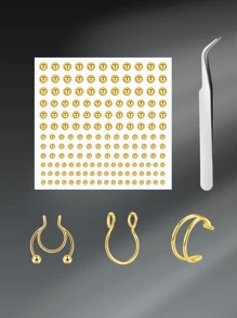 CIZME 165/495 件时尚不锈钢仿钻石贴纸，适合女士日常装饰，假唇钉带镊子假鼻环钉眉钉，唇环鼻环非穿孔鼻环贴金银肚脐贴，脸部贴纸音乐节酷朋克 Y2K 化妆贴