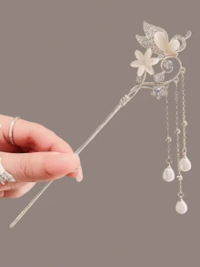 1 pieza Horquilla para el cabello de mujer de estilo chino con piedras de cinco colores, de alta clase, bohemia y retro, con borla de cristal y ojo de gato dorado, accesorio de cabello elegante y personalizado, regalo para amigas y novias - Multicolor - Ver 13