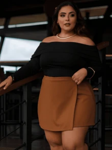 Black Solid Wrap Skirt With Adjustable Tie-Up, High Waist, Plus Size, Non-Transparent, Casual, Elegant - 鏽棕色 - 查看 7