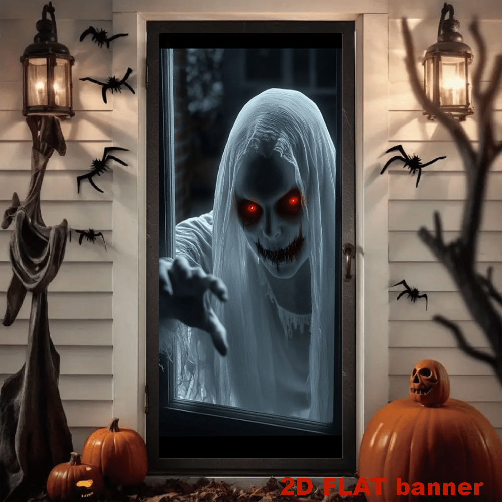 1 Stück 2D flaches Türbanner, Halloween Türbanner mit gestaltetem Horror Muster, Polyester Innen-/Außen Hängedekoration, geeignet für Party, Hochzeit, Geburtstag