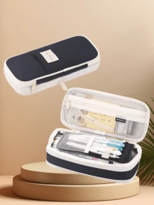 双层双拉链大容量时尚多功能铅笔盒，返校用品，儿童必备，粉色、蓝色、黑色可选