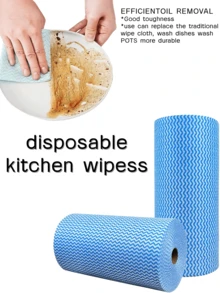 1 Roll (50 Sheets) Disposable Cleaning Cloths - Non-Stick, Oil-Free Kitchen Towels, Thick & Durable Cleaning Rags, Suitable For Dishes, Countertops, Multi-Purpose Home Cleaning, Kitchen Cleaning Supplies | Blue Striped Pattern | Durable Cleaning Material