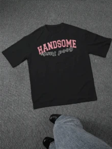 Camiseta de hombre con estampado "HANDSOME", informal, de manga corta y cuello redondo, para primavera y verano. 100 % algodón (220 g de grosor). - Negro - Ver 2