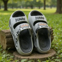 Men's Sports Style English Letter Contrast Color Random Print Thick Sole Slip-On Open Toe Sandals, Outdoor Beach Thick Sole Slippers, Outdoor Activities Men's Fashion Comfortable Sports Sandals, Summer Outdoor Beach Walking Sports Sandals Suitable For Men And Women Couples - Grey - View 2