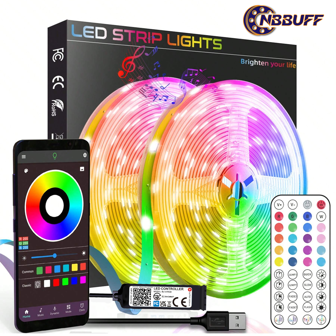 NBBUFF Luces LED para dormitorio, tiras de luces LED RGB de 3 ft-65 ft, se pueden controlar mediante aplicación móvil y control remoto de 44 teclas, pueden cambiar de color de forma sincrónica con la música, se pueden programar, ajustar el brillo, muy fácil de instalar, luces LED adecuadas para decoración de habitación infantil, iluminación de ambiente de celebración de festivales, decoración del hogar y de la pared