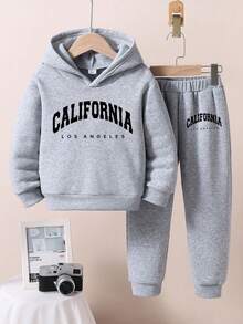 Young Boy Letter Print Warm Hoodie And Pants Set - Grey - View 1