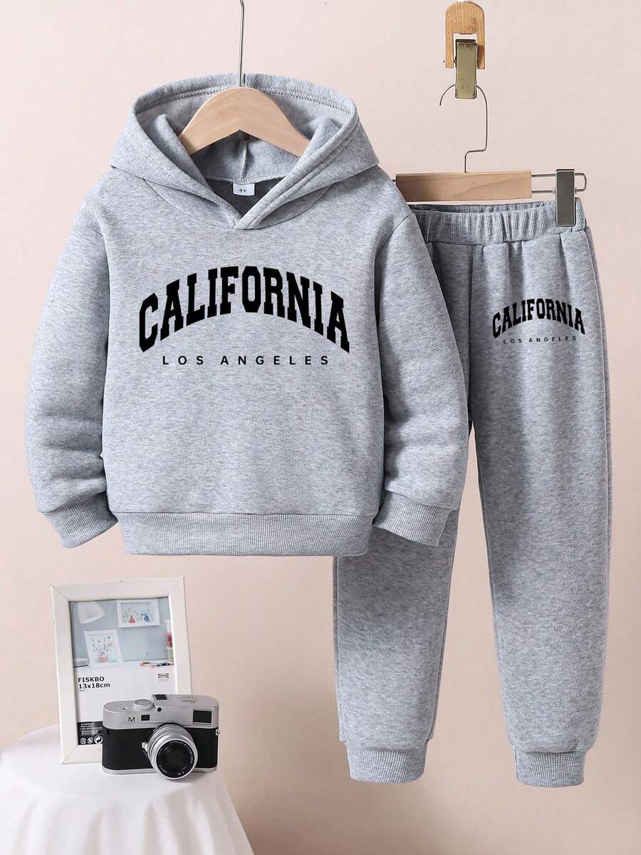Young Boy Letter Print Warm Hoodie And Pants Set - Grey - View 1