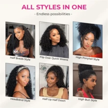 Glueless Human Hair Wigs Kinky Curly Headband Wig Upgrade 3 IN 1 Half Wig With Drawstring Seamless Clip Ins Flip Over For Women 28inch - Natural Black - 查看 9