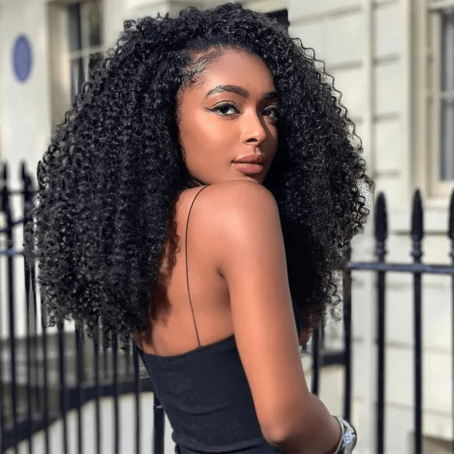 Glueless Human Hair Wigs Kinky Curly Headband Wig Upgrade 3 IN 1 Half Wig With Drawstring Seamless Clip Ins Flip Over For Women 28inch - Natural Black - 查看 1