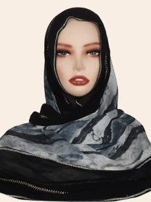 1pc Women's Fashion Chiffon Fabric Colorful Patchwork Print Scarf, Casual Stylish Headscarf Shawl, Middle Eastern Rhinestone Material, High-End, Breathable, All Season