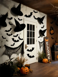 19pcs/Set Halloween Witch Hat + 3D Bat Stickers + Fishing Line Set, Costume Accessories For Role Play, Carnival, Festivals. Thick Hanging Black Wizard Hat For Men, Women, Children, Indoor & Outdoor Party Decor