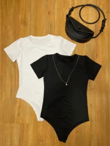 Kit 2 Women's Suplex Crew Neck Bodysuit Fashion Blogger 2025 - 黑與白 - 查看 2