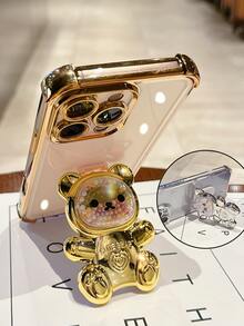 奢华电镀透明金色手机壳，创意可爱小熊支架，闪亮水钻Y2K风格，防震，新款夏季硅胶软壳保护套，兼容 16/16E/15/14/13/12/11/X/XS/XR/8/7 Plus/Pro/Max/Mini，Galaxy S24/S25 Ultra，兼容小米Redmi，荣耀，OPPO Reno，MOTO Infinix Women 2025