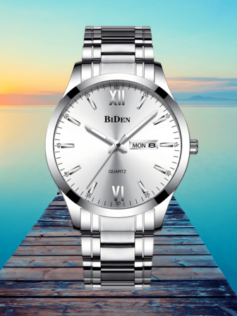  BIDEN Men's Watch, Business And Leisure, Calendar, Waterproof, Men's Night Light Quartz Watch, Stainless Steel Strap, Ideal Gift For Men, Free Chain Link Remover+Box