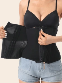 女士束腰塑身衣，透气网眼压缩背心，运动收腹塑形服 - 黑色 - 查看 6