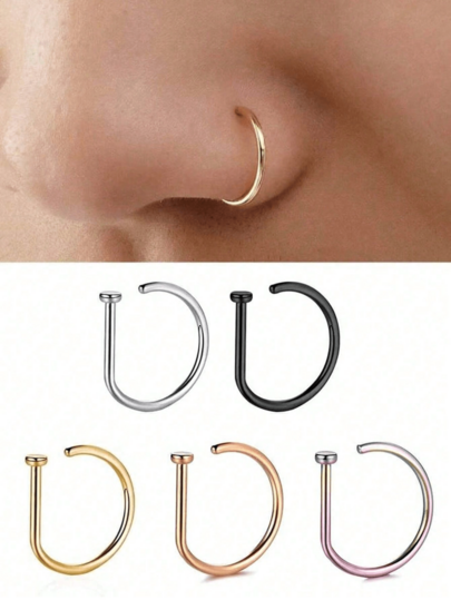 VJS 1 pieza/3 piezas/5 piezas Anillo de nariz falso para hombres y niños de 0.8mm*8mm, acero inoxidable dorado en forma de D, estilo americano simple, piercing de nariz falso personalizado