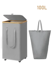 Giỏ đựng đồ giặt bằng tre 60L/90L/100L/110L có bánh xe và nắp - Bao gồm lớp lót lưới có thể tháo rời, Giỏ đựng quần áo bẩn có thể gấp lại có tay cầm và nắp, Giỏ đựng đồ giặt dung tích cực lớn, Giỏ đựng đồ giặt bằng vải có thể gấp gọn - Nhiều màu - Xem 18