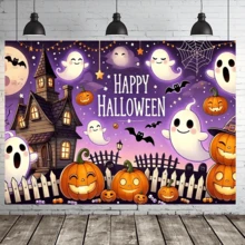 1 pieza Tela de fondo con temática de calabaza y fantasma, adecuada para decoración de fiesta de Halloween, decoración de jardín, decoración de pared, decoración del hogar, fondo de fotografía, decoración interior y exterior, celebración de aniversario