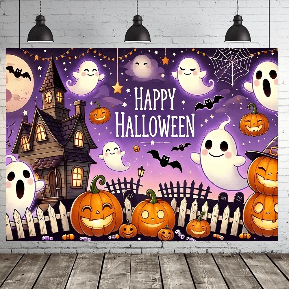 1 pieza Tela de fondo con temática de calabaza y fantasma, adecuada para decoración de fiesta de Halloween, decoración de jardín, decoración de pared, decoración del hogar, fondo de fotografía, decoración interior y exterior, celebración de aniversario