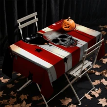 1/20 pièces Nappe d'Halloween - Fond rayé rouge et blanc effrayant, avec motif de crânes blancs. Nappe rectangulaire durable, parfaite pour les repas, pique-niques, festivals, mariages et thés, décoration d'Halloween