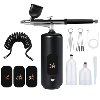 LCD Air Brush Kit With Air Compressor,3 Gear Pressure Cordless Airbrush Machine With Hose,38PSI Portable Airbrush Sprayer Gun For Painting Art, Barber, Model, Cake Tools