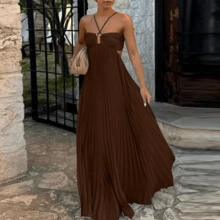 Blue High Waist Pleats Robe Dress Casual Sleeveless Solid Color Holiday Dress Summer Sexy Halter Hollow Off Shoulder Party Dress - Màu Hoa hồng đỏ - Xem 2