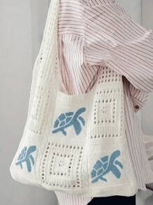 Women's Summer Beach Tote Bag - Crochet Design With Sea Turtle Pattern, Large Capacity Open-Top Tote, Beige Polyester, Suitable For Casual Outings And Coastal Vacations, Beach Tote Bag, Travel Accessory, Bohemian Fashion, Woven Texture, Spacious Tote Bag, Essential For Vacation, Ideal For Work, Back To School